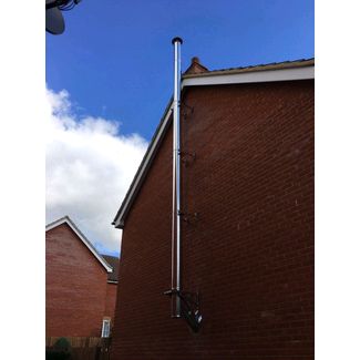 Stainless steel twin wall insulated chimney system on a gable end of a house