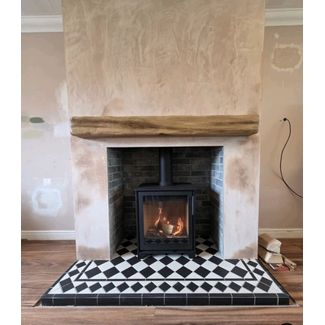 Contura 210 wood burner, capital fireplaces harlequin tiled hearth and chamber, focus fireplaces deep beam